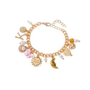 Boho Style Charm Bracelet with Sun, Moon, Butterfly‎ Pendants - Gold